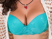 Sally has fun on bed and strips from turquoise bra  - picture #12