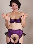 Hairy girl Sadie Lune strips in purple lingerie - picture #30