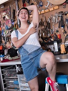 A very hairy Wara strips naked in her tool shop - picture #2