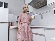 Pinky strips naked in her white kitchen - picture #2